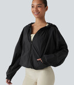 Veste de course légère à capuche manches longues avec poches, cordon de serrage et protection UPF 50+