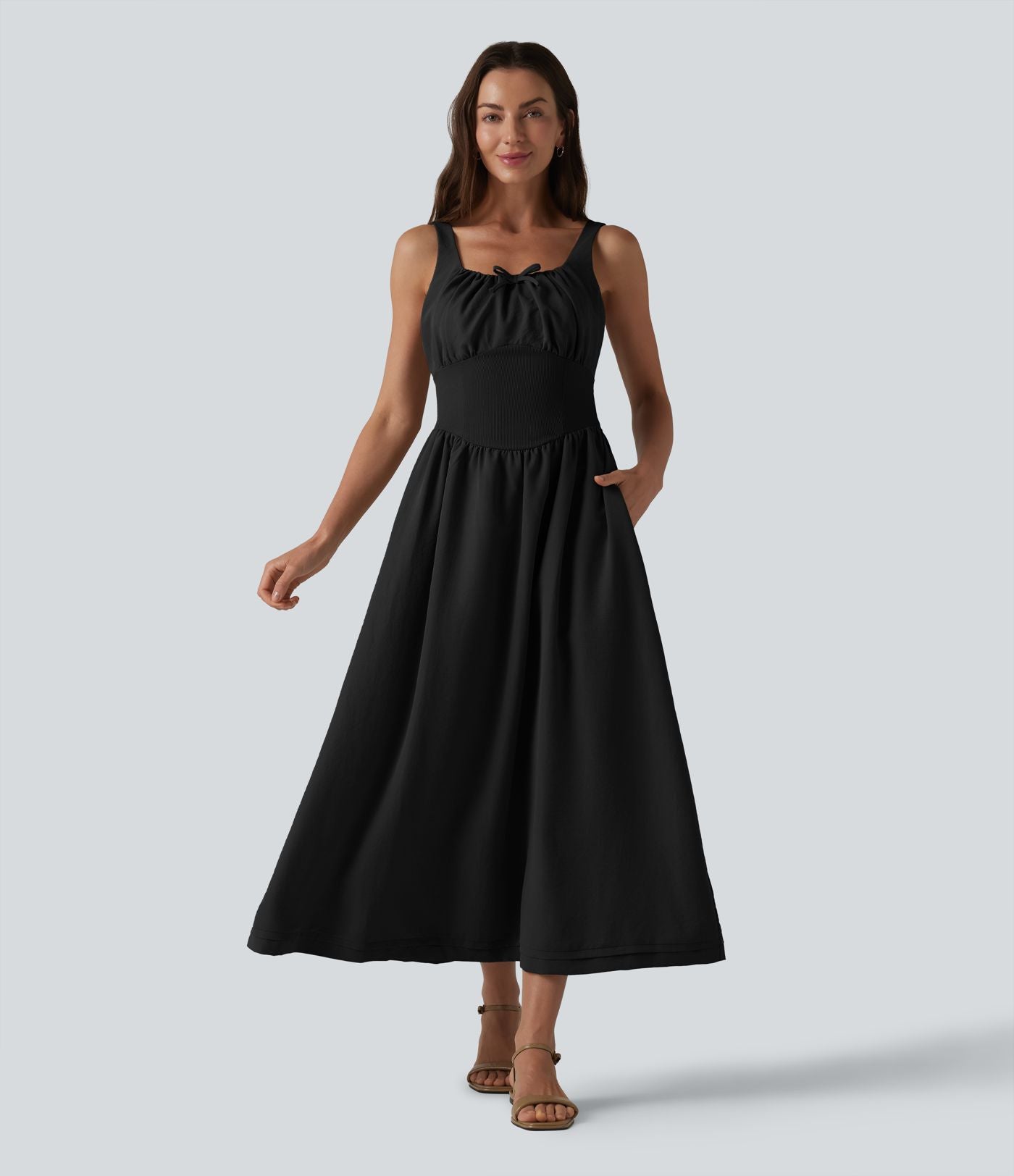 Robe midi décontractée à corset lacé et col carré avec poches