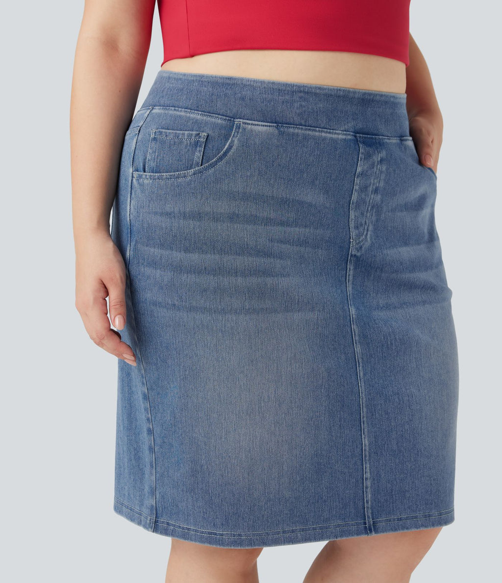 Jupe décontractée en denim délavé Halara Flex™ grande taille taille haute avec poches