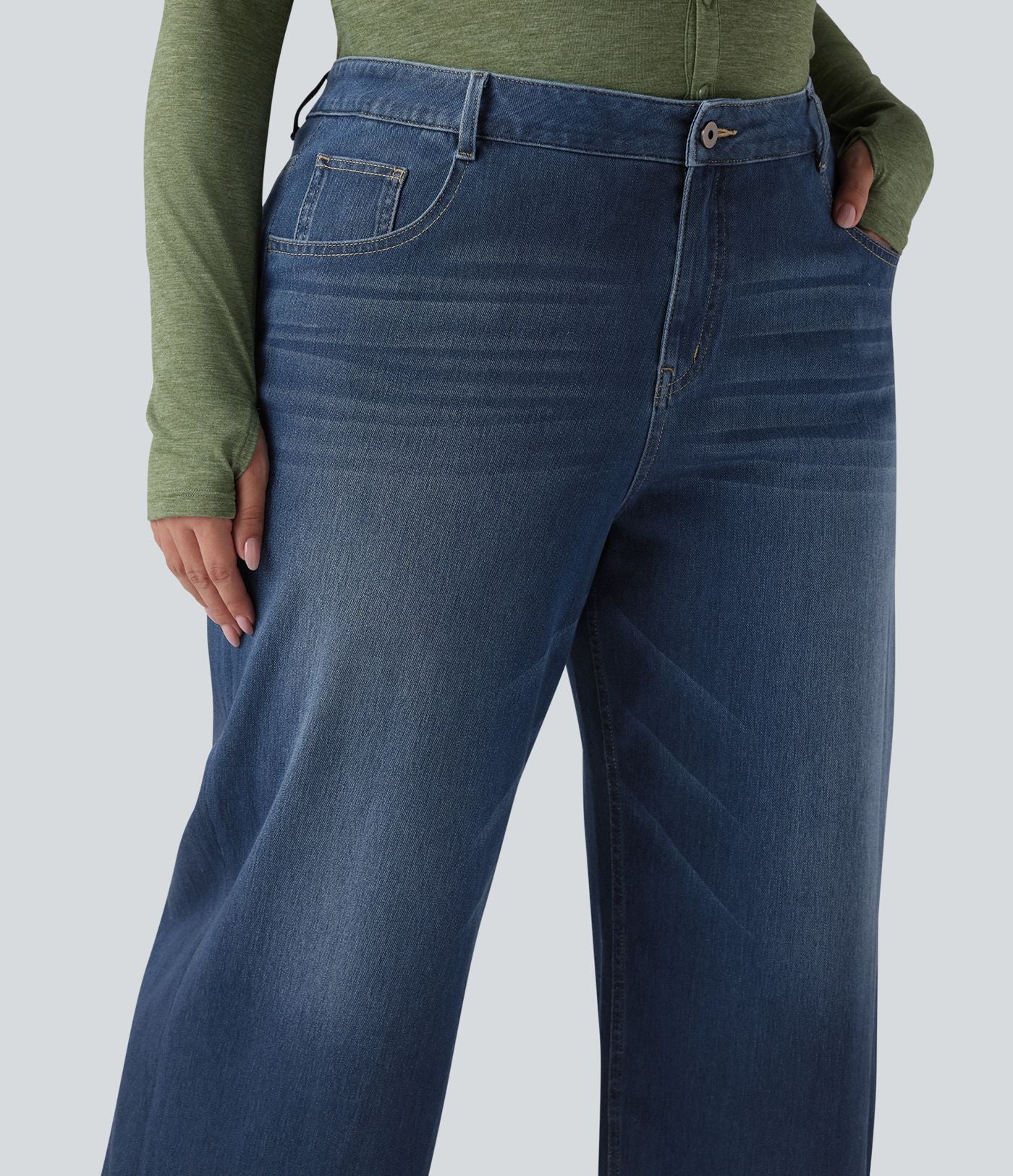 Jean casual grande taille Halara Flex™ tricot extensible délavé taille haute jambe large ourlet roulotté avec poches