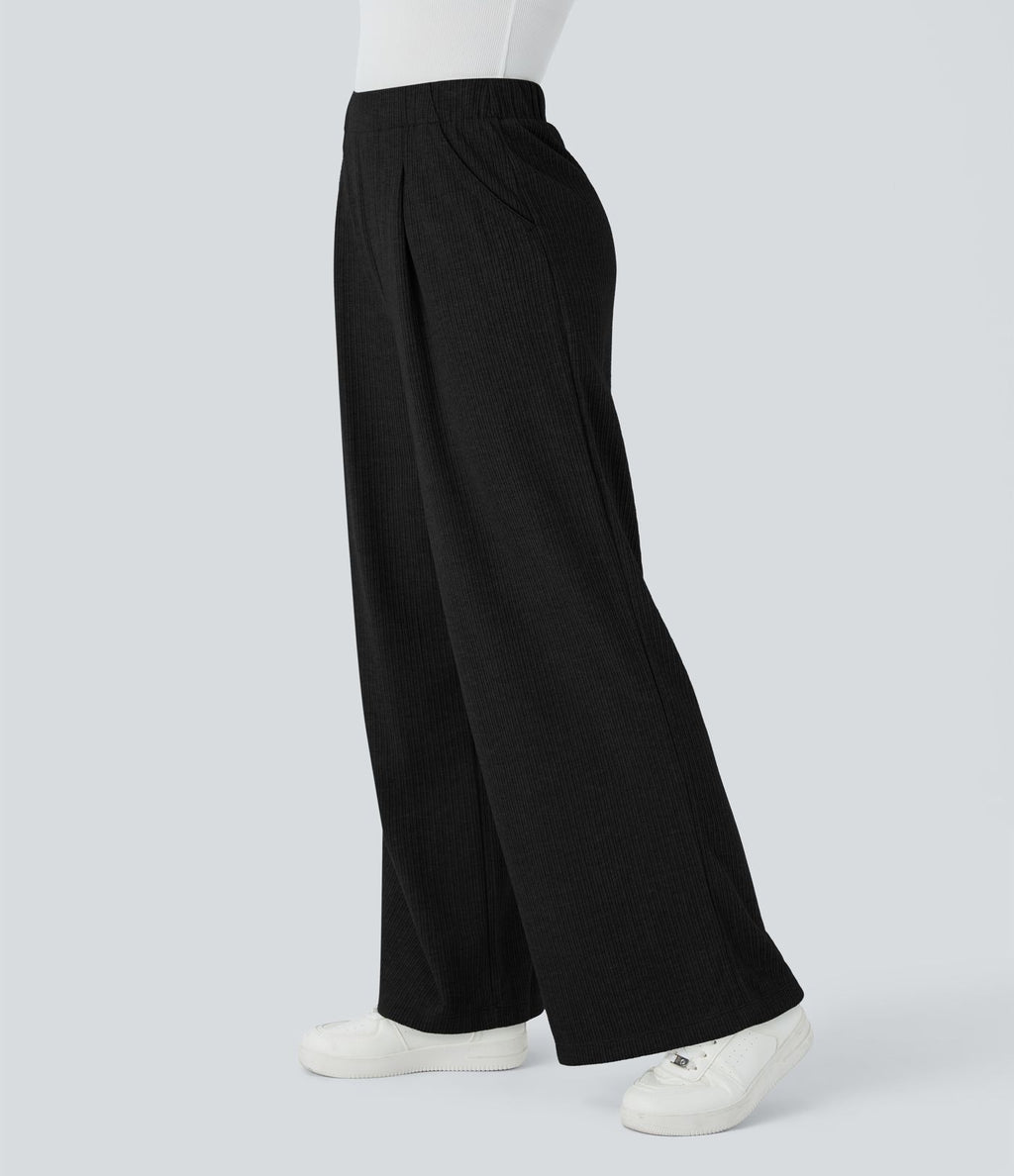 Pantalon décontracté large côtelé, taille haute, avec poches