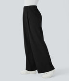 Pantalon décontracté large côtelé, taille haute, avec poches