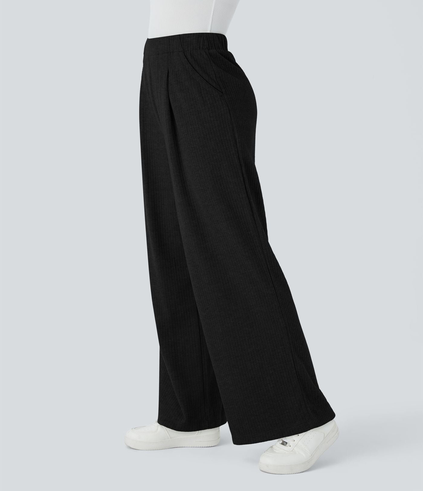 Pantalon décontracté large côtelé, taille haute, avec poches