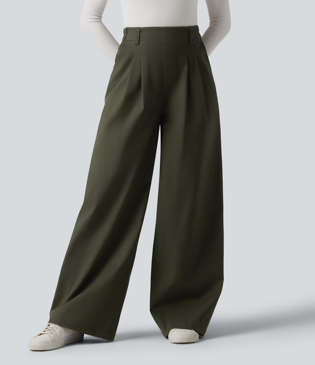 Pantalon chino de travail ample taille haute en coton avec poches