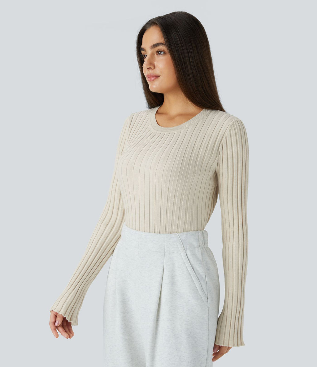 Pull Décontracté à Col Rond, Manches Longues et Volants