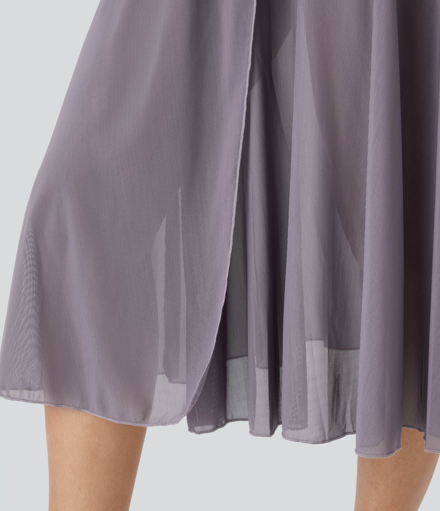 Jupe Casual Évasée Mesh Mi-Longue Fuide 2 en 1 Contrastée Taille Haute Cordon Poche Latérale