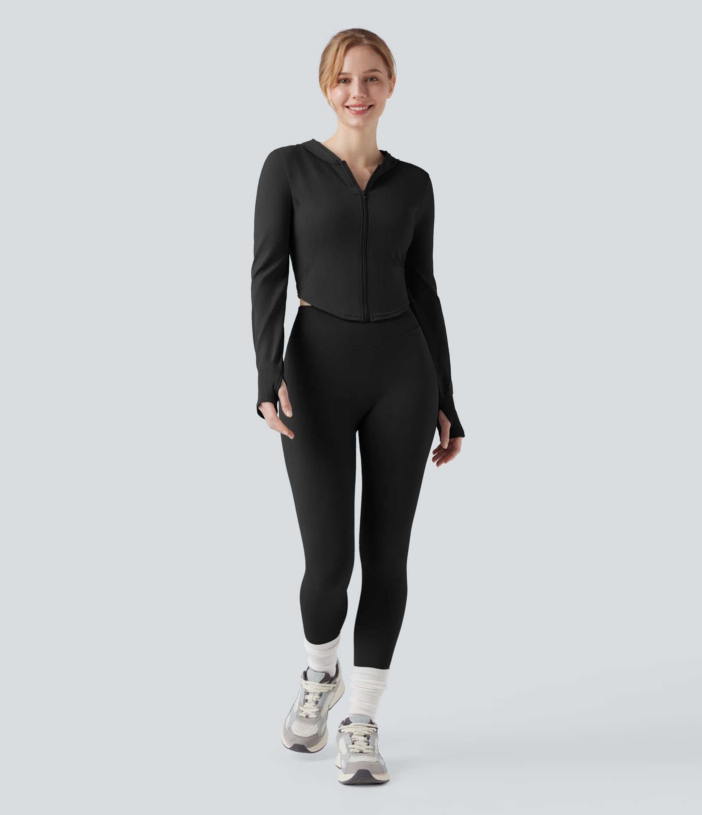 Veste yoga à capuche zippée à manches longues avec passants pouces et ourlet arrondi sans couture OneForm Seamless Flow
