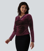 Top velours col drapé manches longues