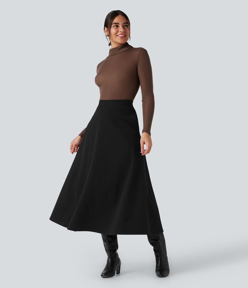 Jupe mi-longue évasée polaire taille haute avec poches
