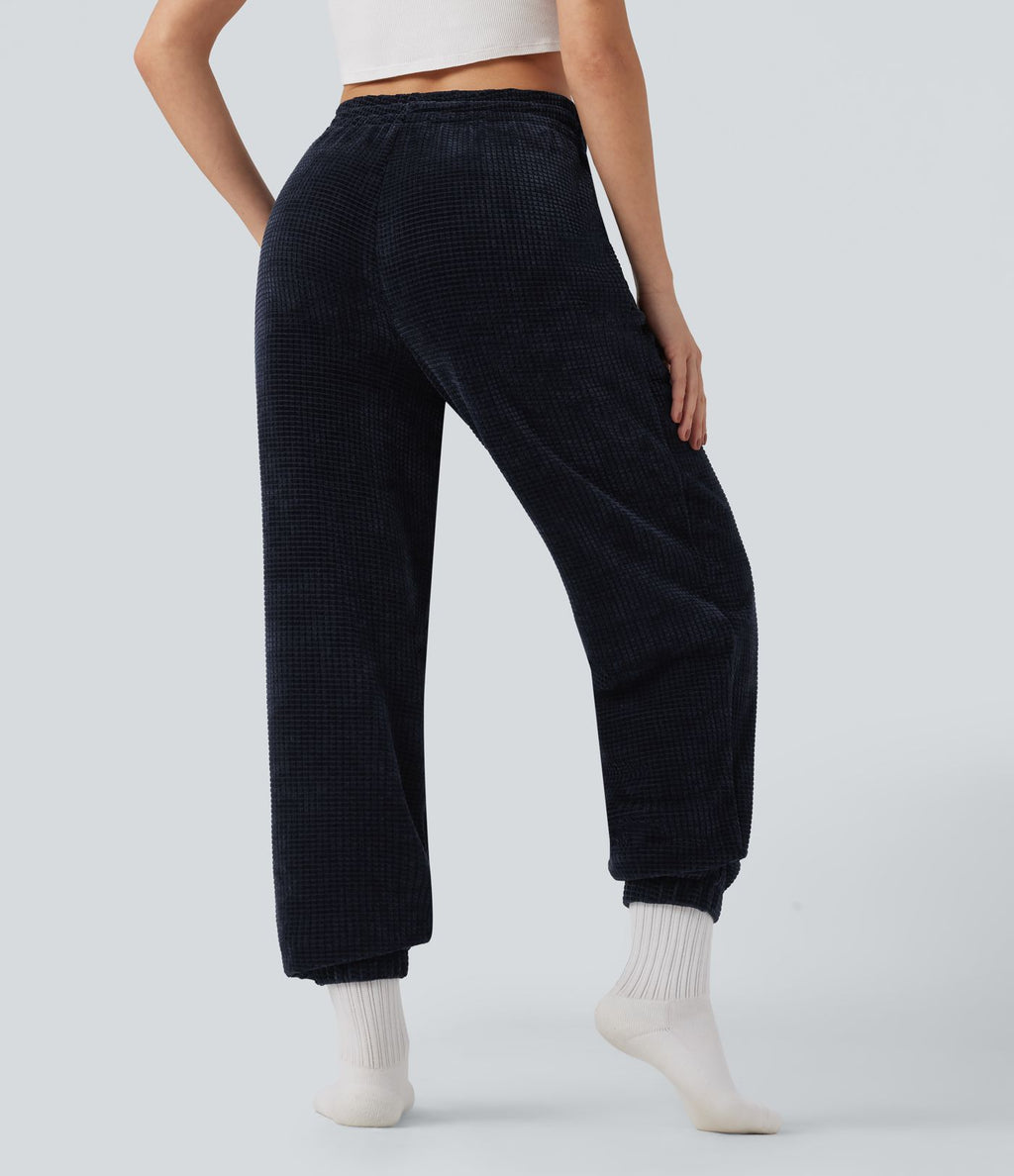 Pantalon décontracté chenille gaufré taille haute avec cordon de serrage et poches