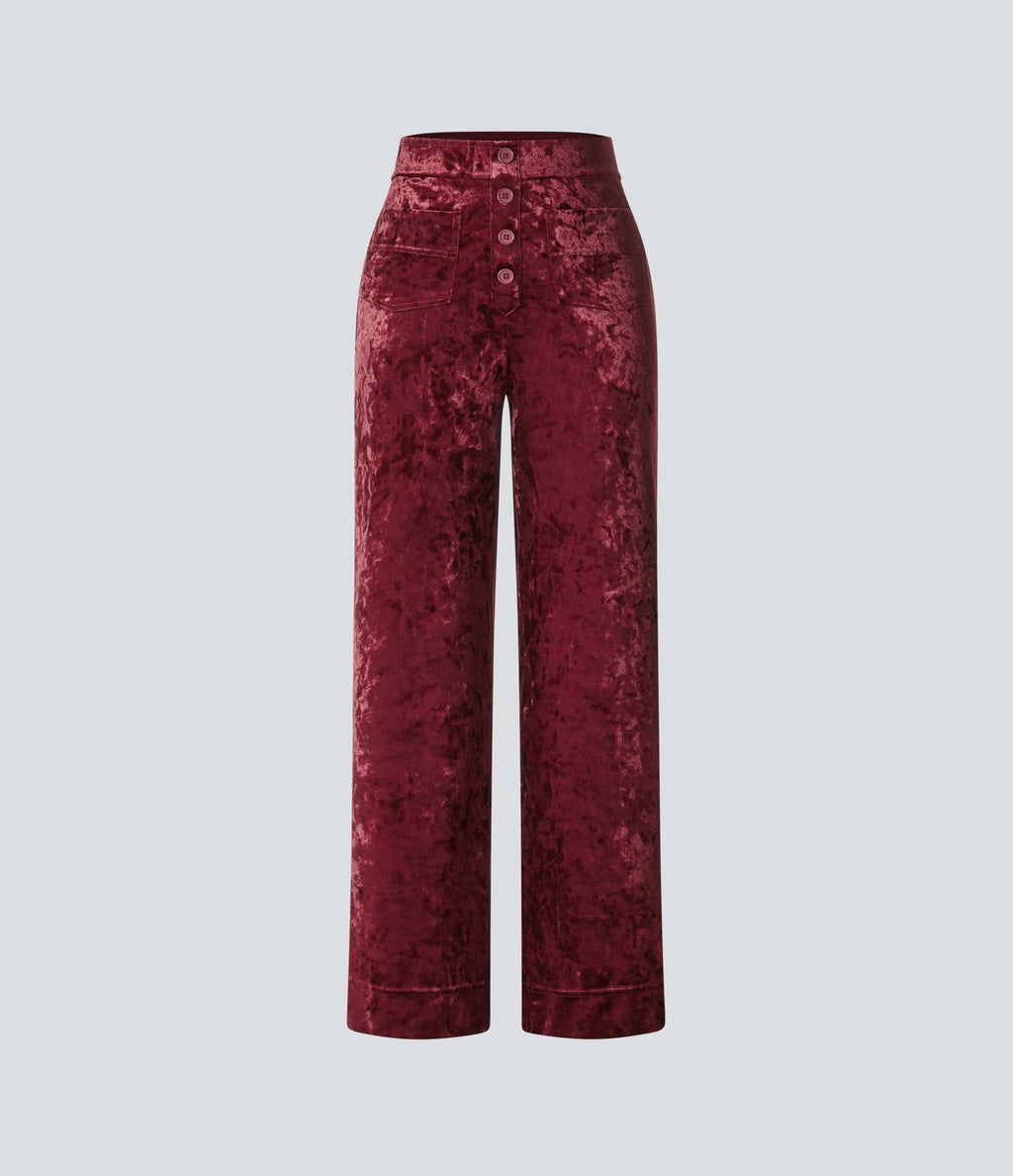 Pantalon en Velours Taille Haute avec Bouton Multipoches Droites