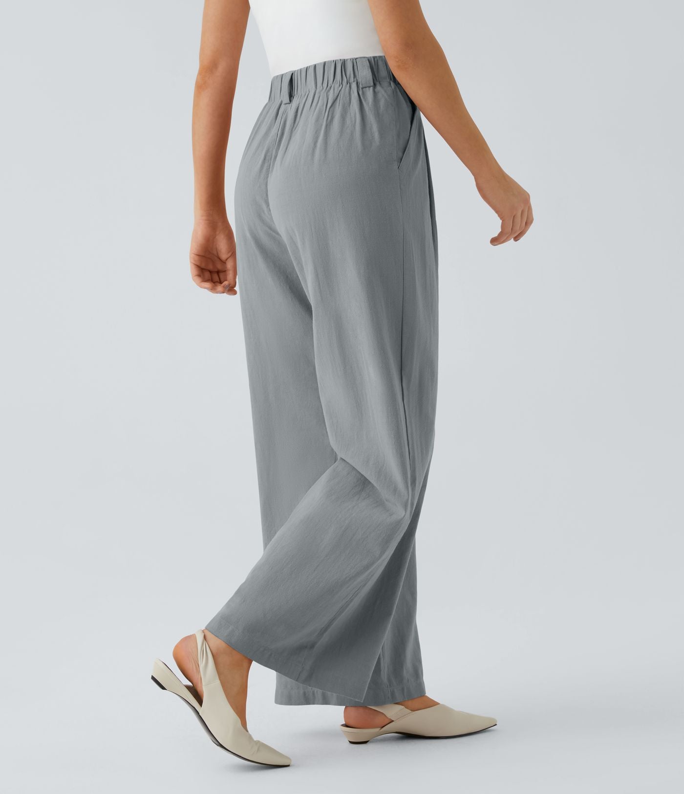 Pantalon Fluide Large Taille Haute Poches Latérales Palazzo Solide Casual Linen-Feel