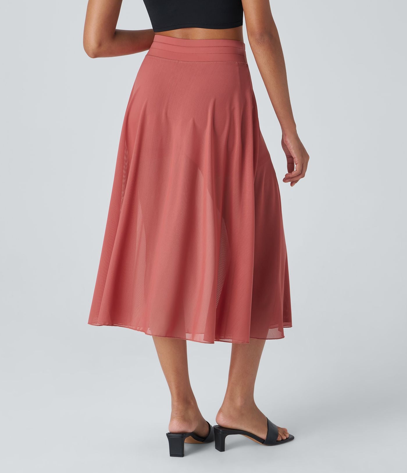 Jupe Casual Évasée Mesh Mi-Longue Fuide 2 en 1 Contrastée Taille Haute Cordon Poche Latérale