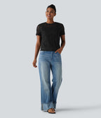 T-shirt casual 2-en-1 en dentelle col rond à manches courtes