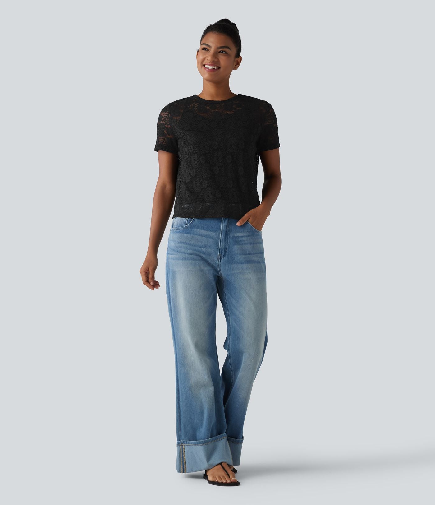 T-shirt casual 2-en-1 en dentelle col rond à manches courtes