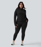 SoftlyZero™ Veste de randonnée grande taille ajustée zippée plissée à col montant avec passants pouces et poches - UPF50+