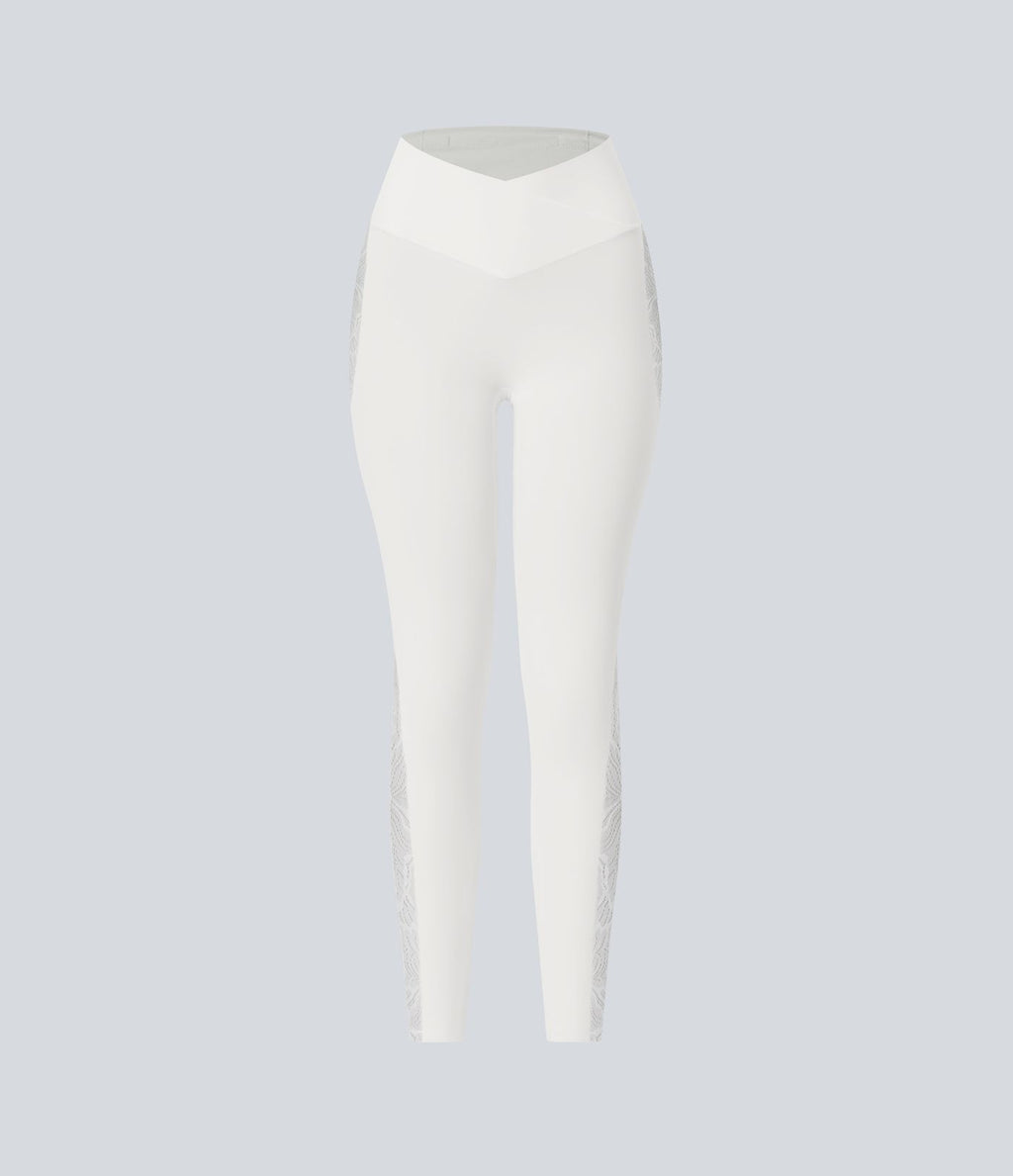 Softlyzero™ Legging Yoga 7/8 Taille Haute avec Poche au Dos Découpe Croisée et Dentelle Contrastante