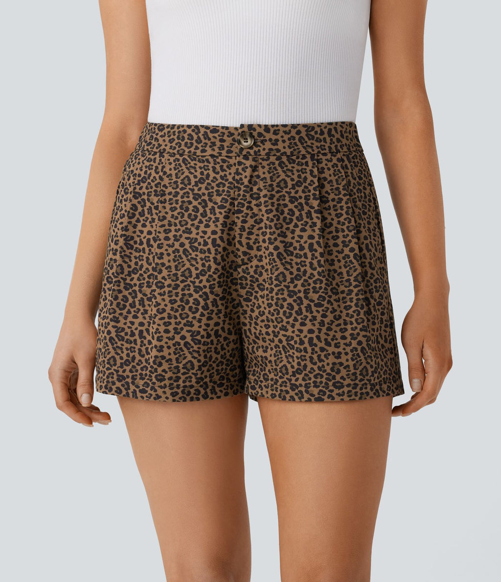 Short en coton décontracté taille haute, poches latérales et imprimé léopard