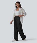 Pantalon large fluide casual taille haute plissé drapé en lin avec poches