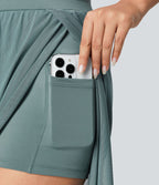 Pantalon Yoga 2 en 1 à Taille Haute avec Cordon de Serrage Maille Contrastée Fendu Poche Latérale et Jambes Amples et Fluides