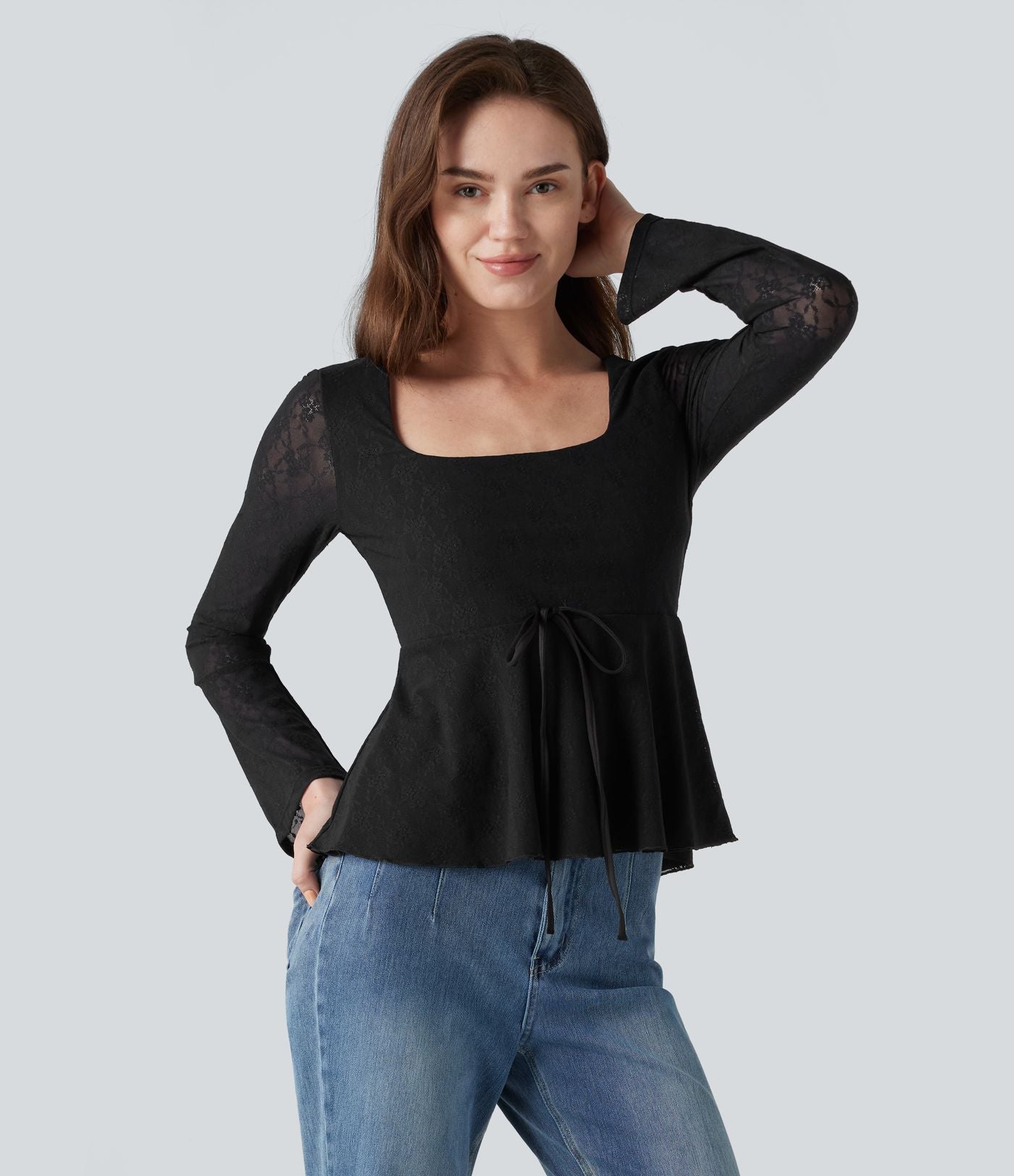 Top babydoll de soirée col U à manches longues avec dentelle contrastante et cordon de serrage