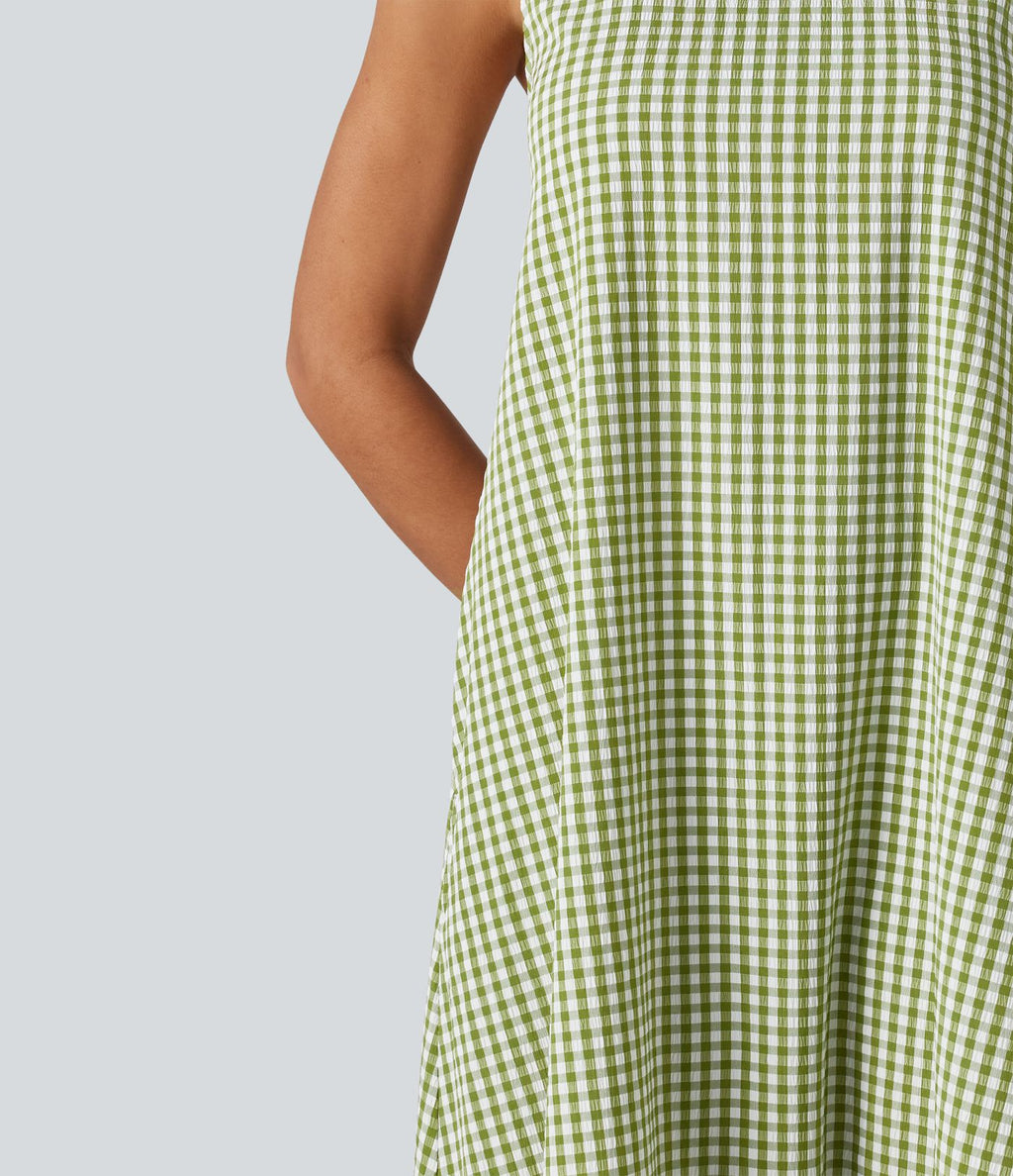Robe débardeur midi décontractée col rond sans manches en vichy froissé avec poches