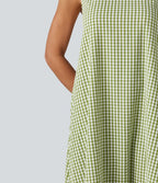 Robe débardeur midi décontractée col rond sans manches en vichy froissé avec poches