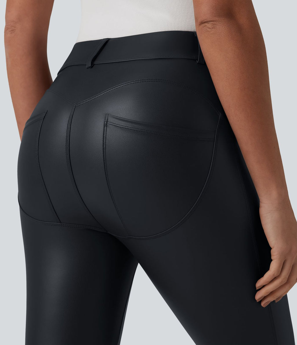 Legging 7/8 casual taille haute extensible en simili cuir avec poches
