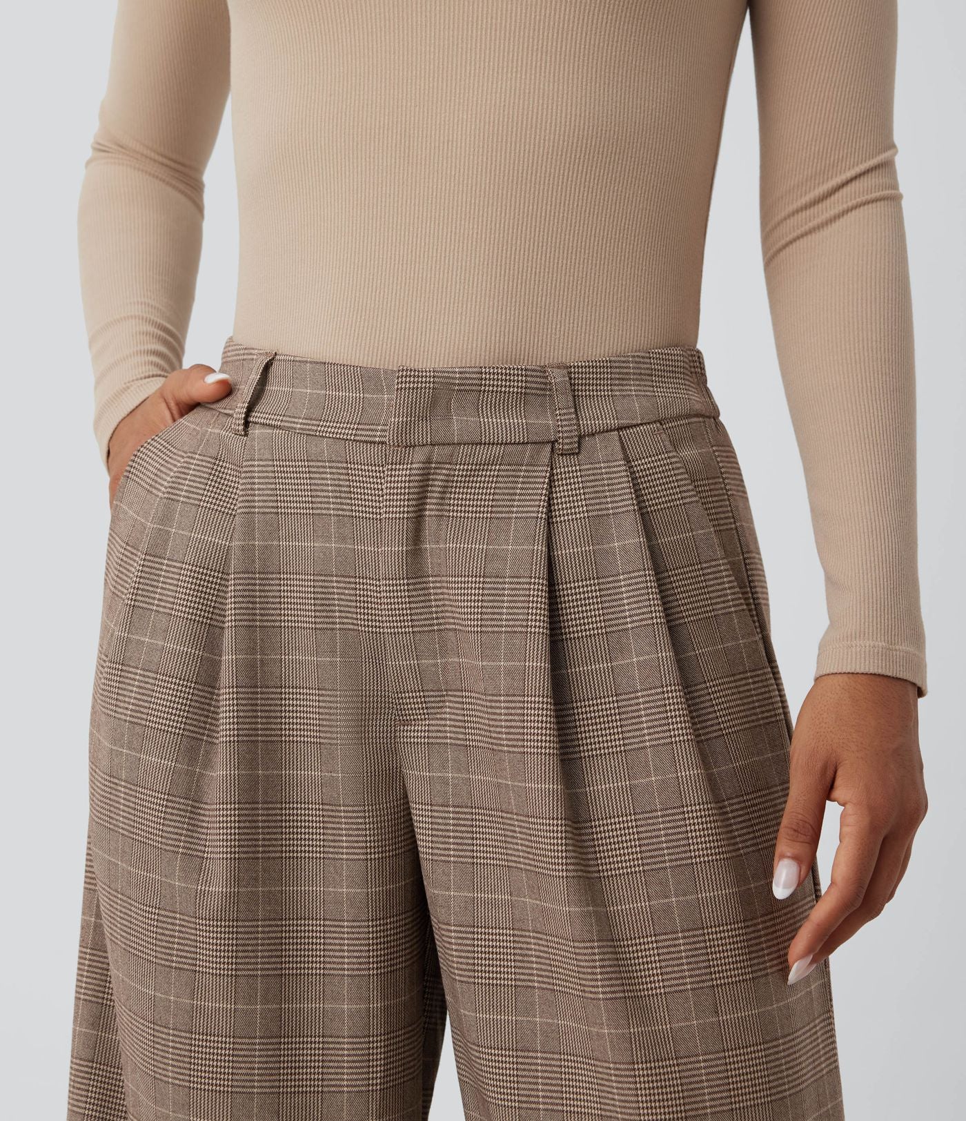 Pantalon de travail Halara Flex™ 7/8 droit à carreaux pied-de-poule, taille mi-haute, avec poches