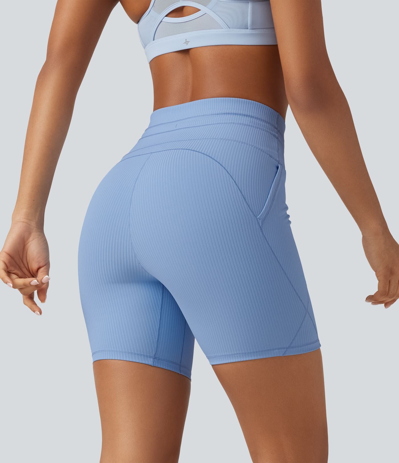 Short cycliste de yoga en maille côtelée taille haute avec cordon de serrage séchage rapide 15 cm avec poches - UPF50+