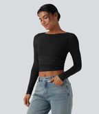 Haut casual crop col bateau manches longues froncé