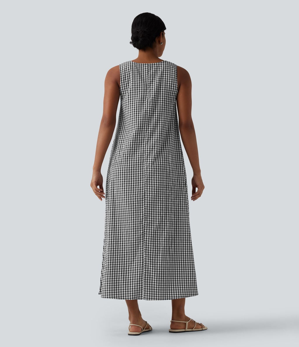 Robe débardeur midi décontractée col rond sans manches en vichy froissé avec poches