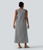 Robe débardeur midi décontractée col rond sans manches en vichy froissé avec poches