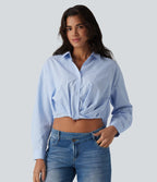 Chemise casual col manches retroussées torsadée asymétrique à rayures