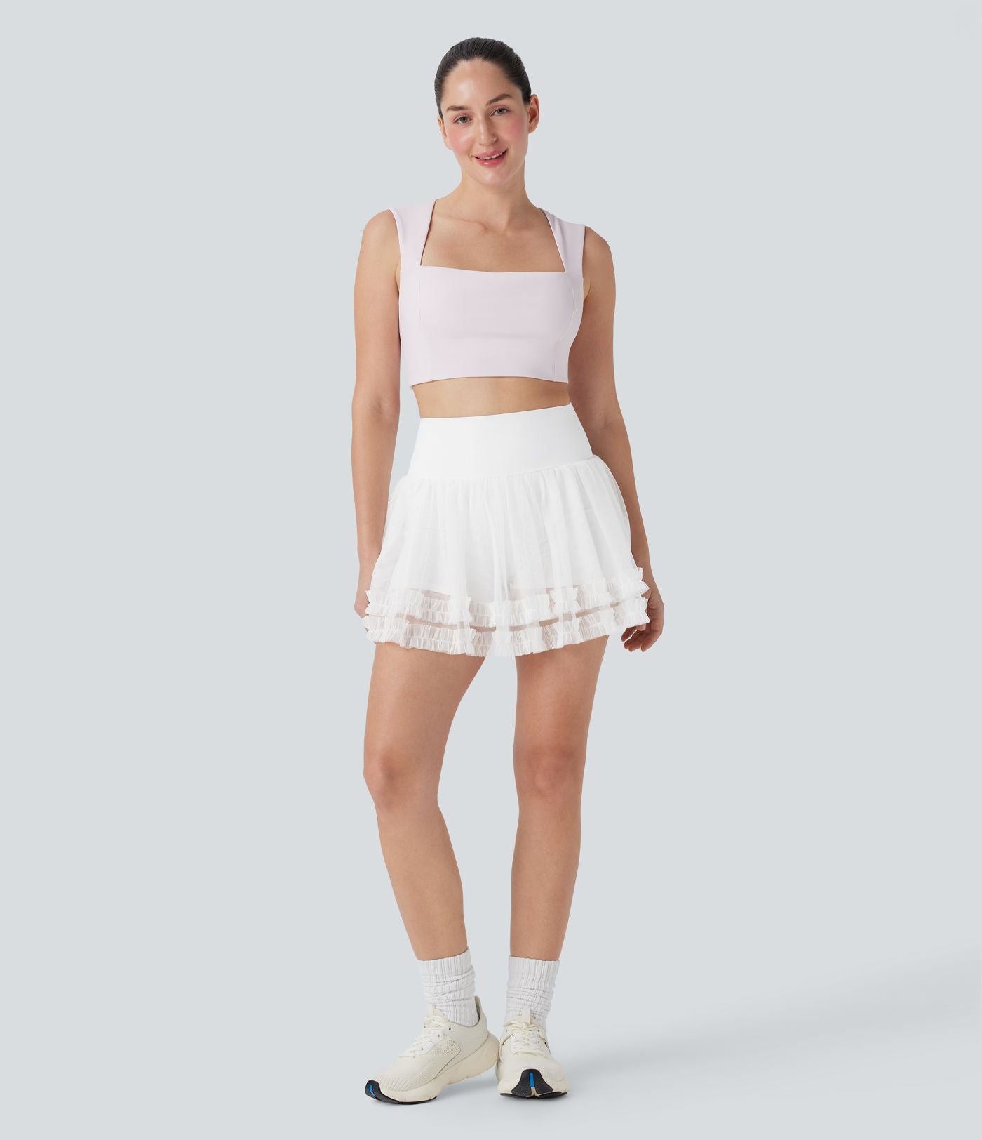 Jupe-short de danse courte 2-en-1 gainante taille haute avec empiècements résille contrastés et poches