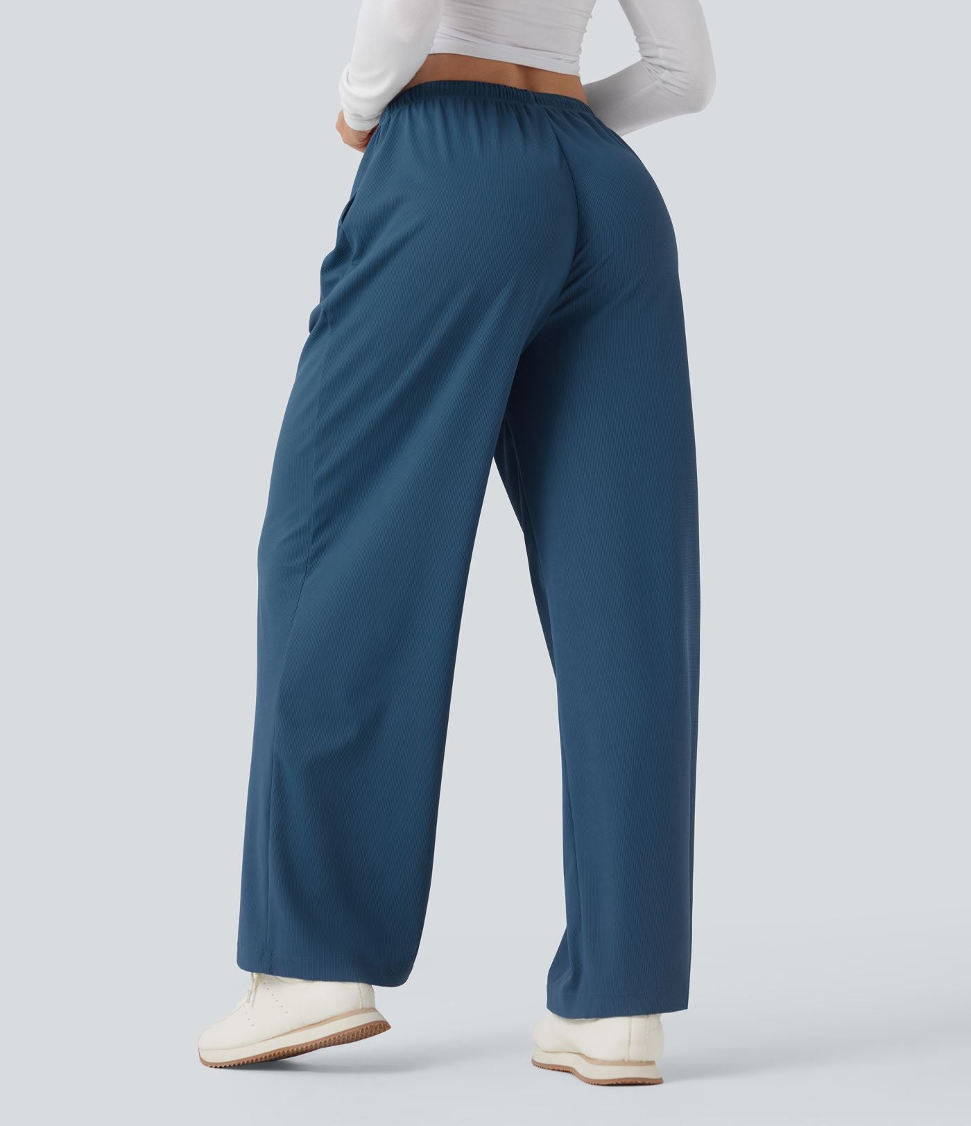 Pantalon de yoga tissu gaufré taille mi-haute jambe droite avec cordon de serrage et poches