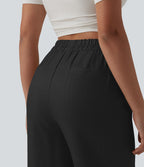 Pantalon large fluide décontracté en lin mélangé taille haute avec cordon de serrage et poches
