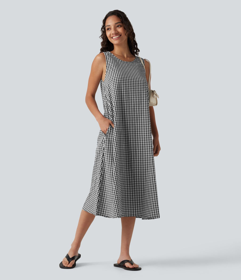 Robe débardeur midi décontractée en vichy froissé, col rond, sans manches, à poches