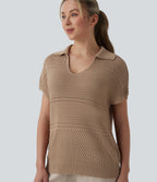 Pull resort col V manches chauve-souris courtes crochet