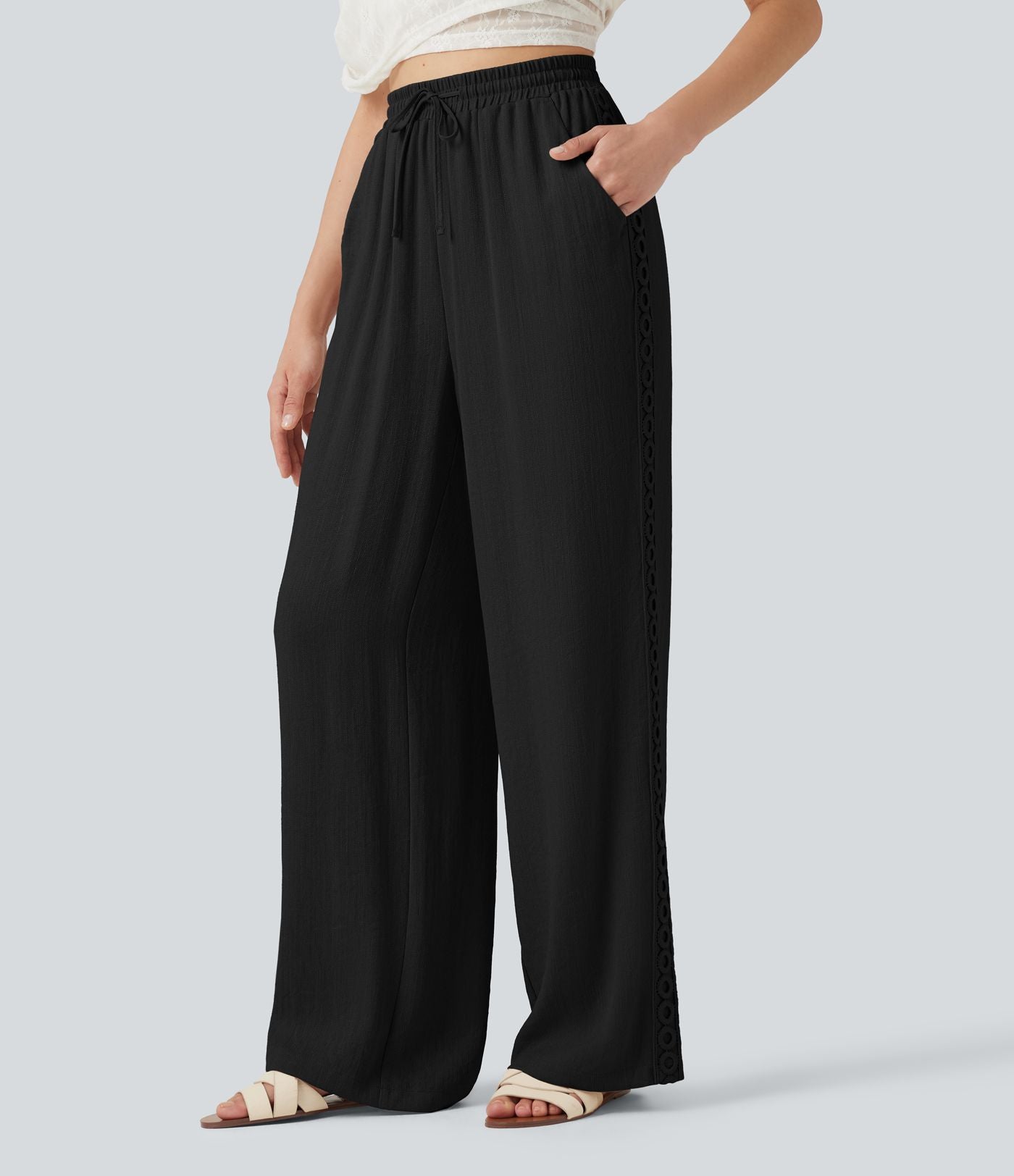 Pantalon décontracté taille haute à cordon de serrage, effet lin, avec poches