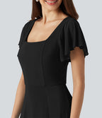 Robe maxi fluide col carré manches courtes soutien-gorge intégré dos noué