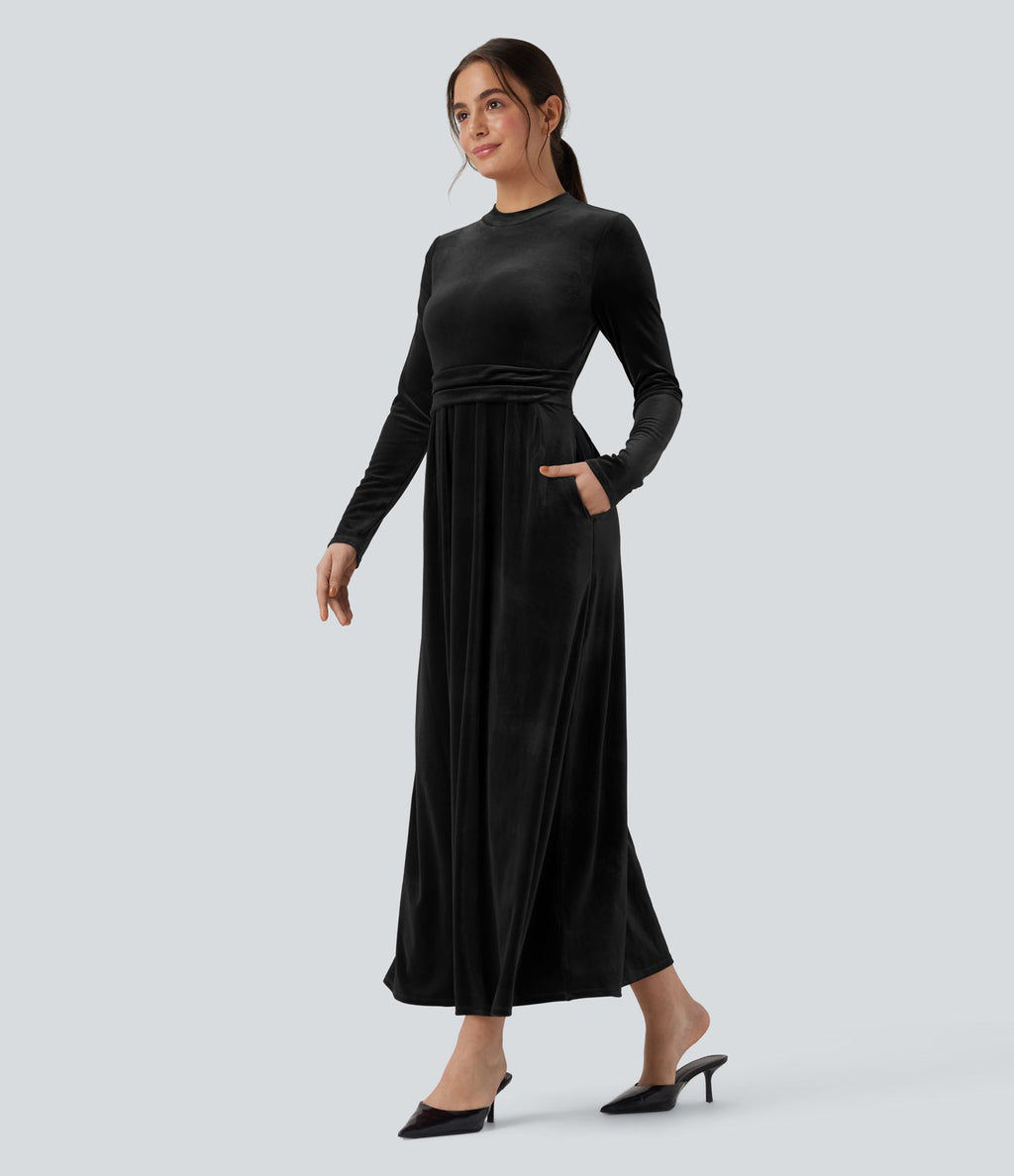 Robe longue en velours col montant manches longues avec poches