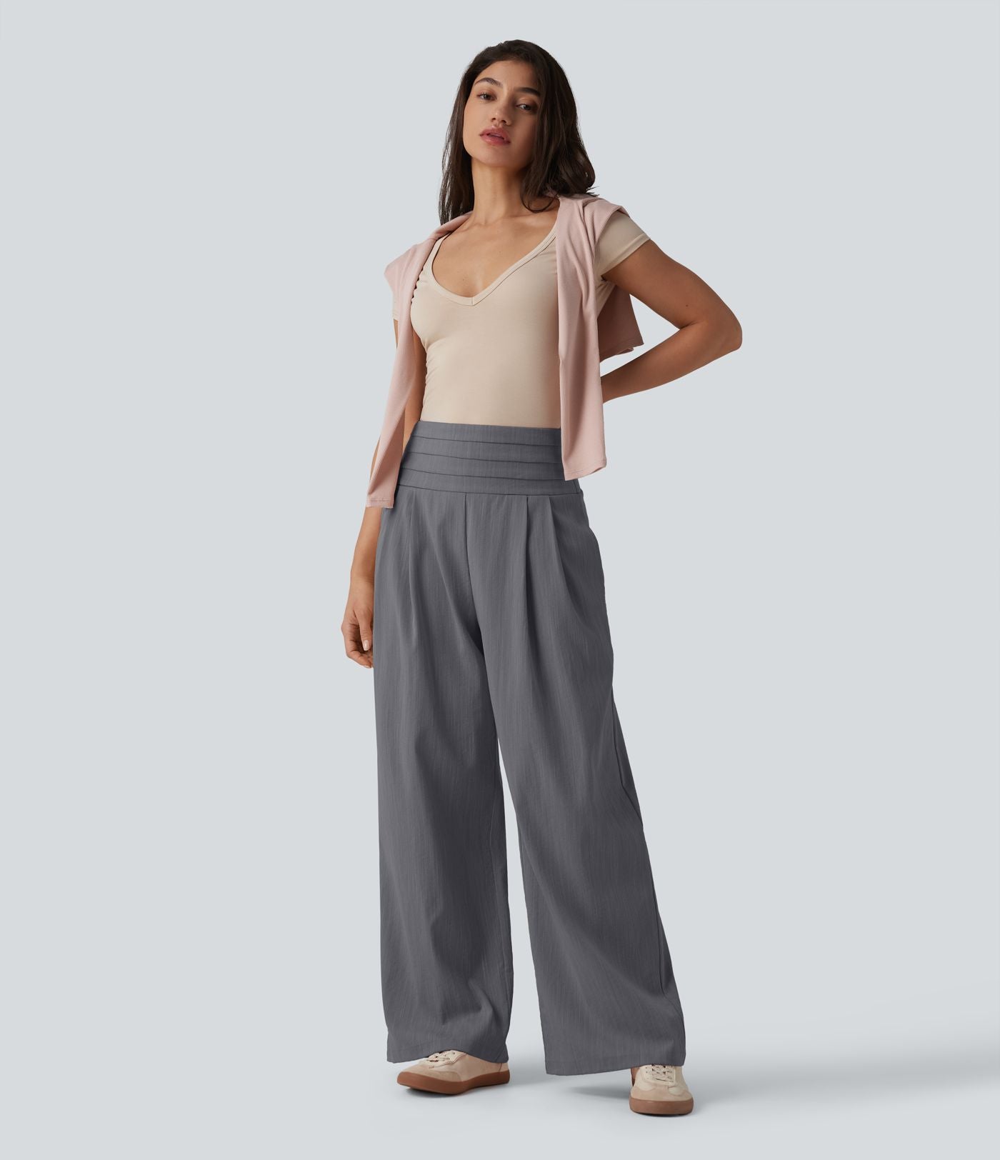 Pantalon large casual aspect lin taille très haute smocké réglable avec poches