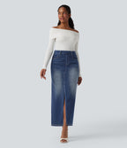 Jupe longue droite en denim délavé Halara Flex™ taille haute avec poches