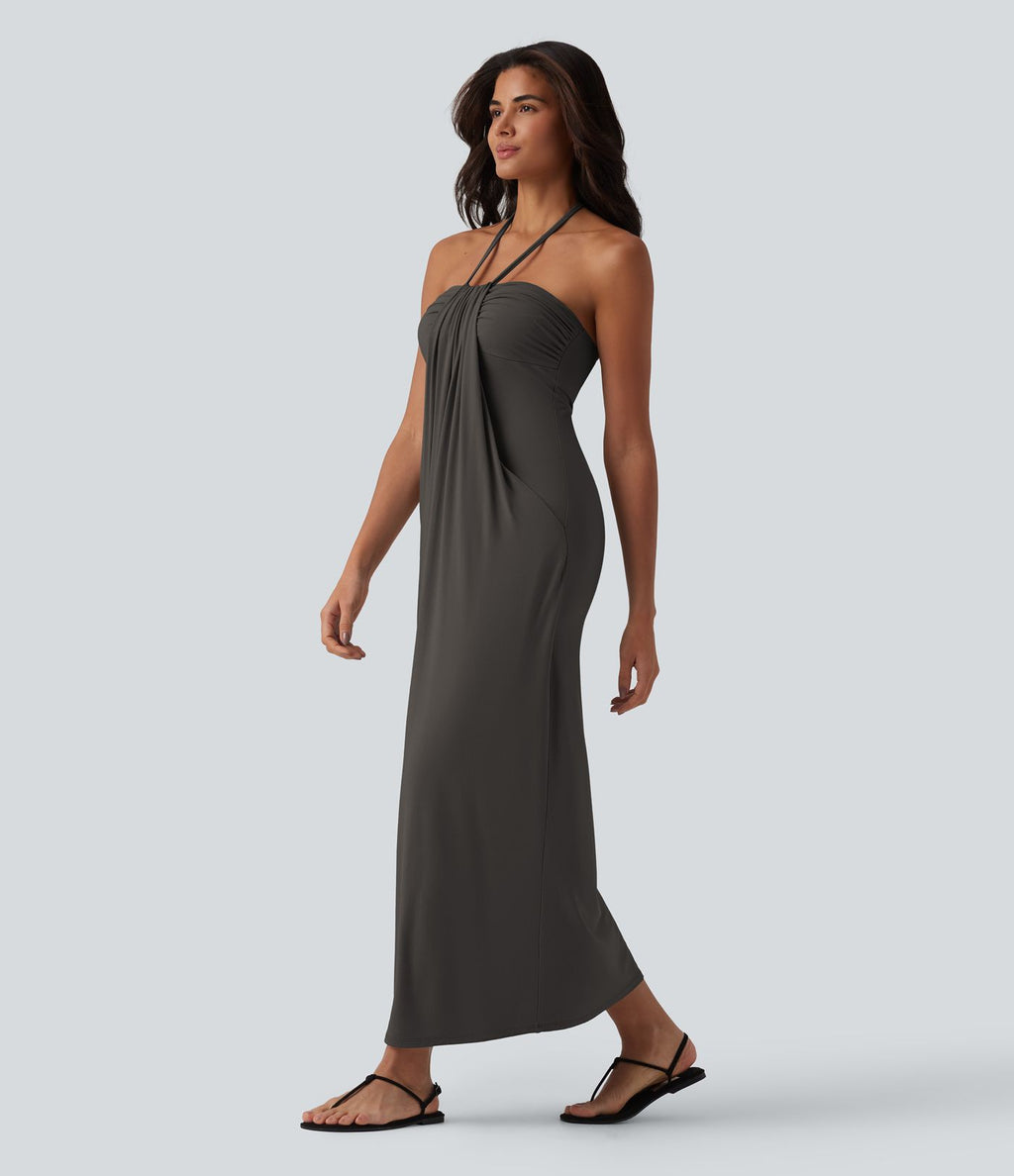 Robe longue dos nu col licou avec nœud et poches