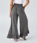 Pantalon Casual à Taille Haute avec Cordon De Serrage Poches Latérales et Volants Jambes Amples