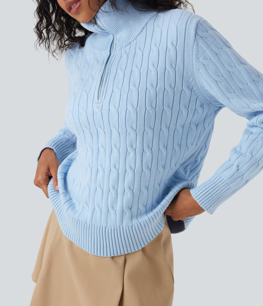 Pull de travail maille torsadée col montant demi-fermeture éclair