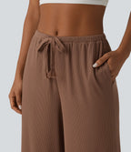 Pantalon large casual en maille côtelée extensible taille mi-haute avec cordon de serrage et poches