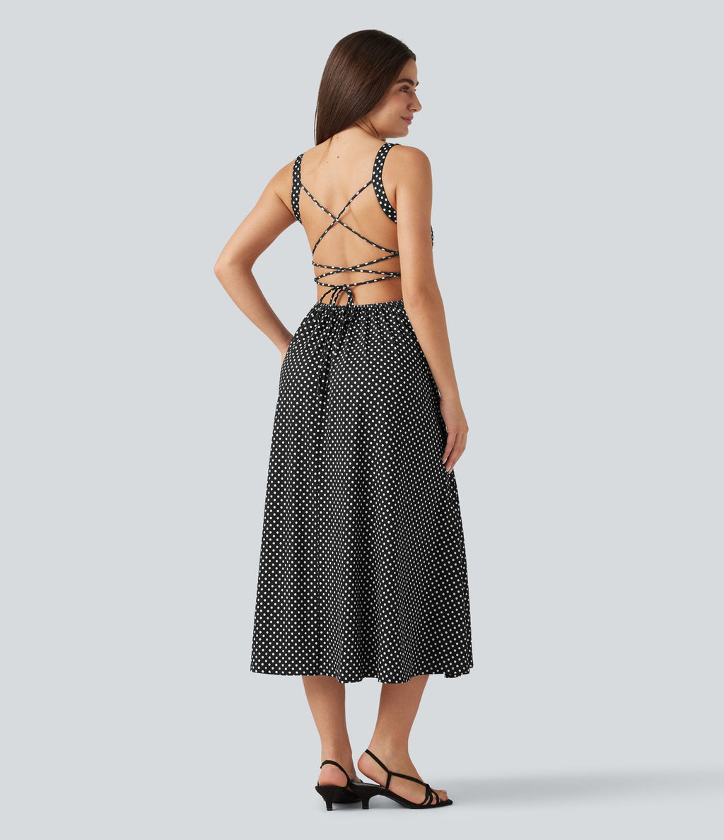 Robe midi fluide à pois à bretelles croisées dos nu col carré sans manches froncée avec soutien-gorge intégré
