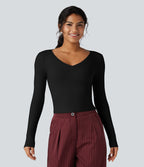 T-shirt tailleur côtelé court col V manches longues